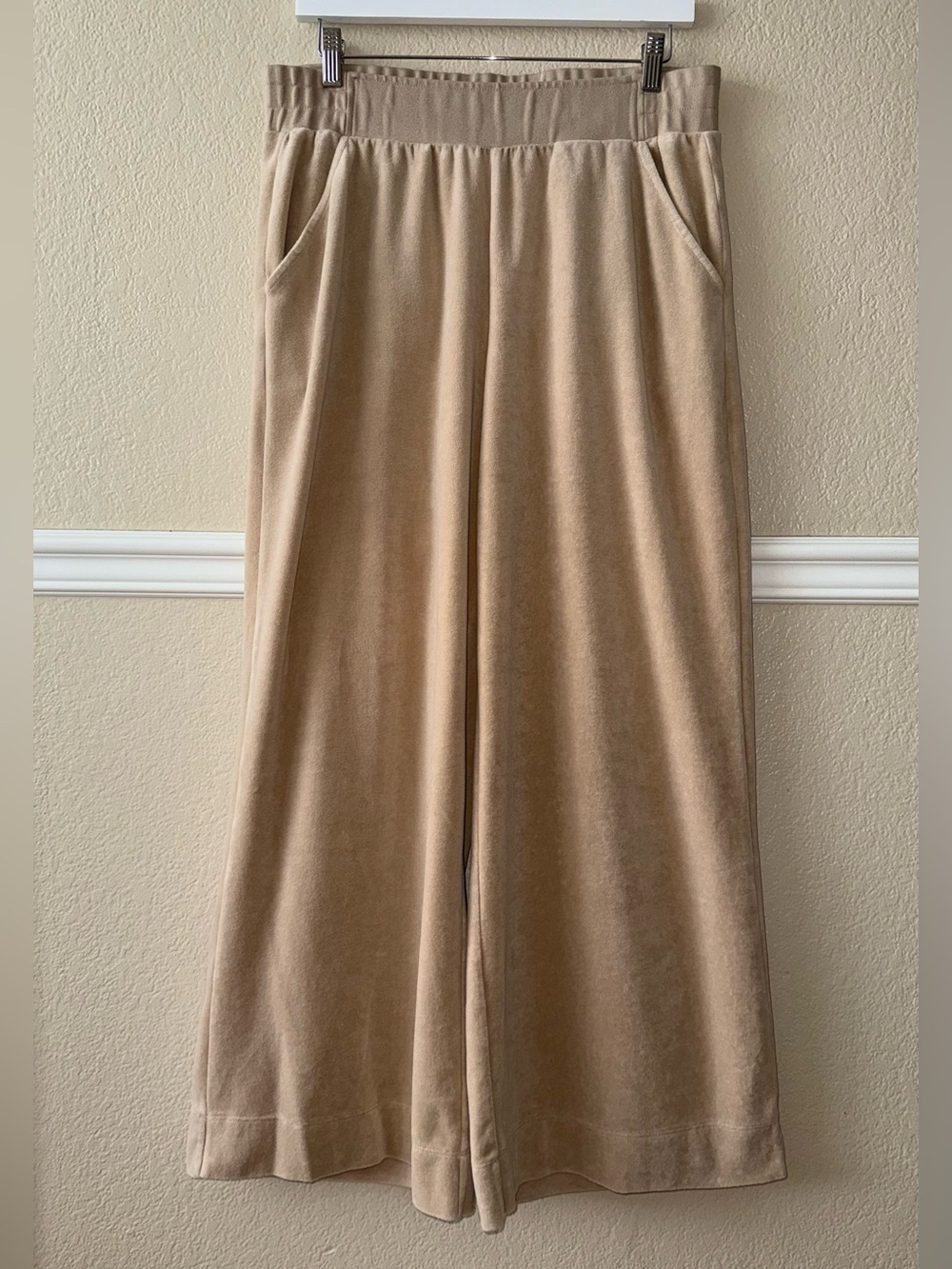 ME+EM Velvet Velour Wide Leg Pants Trousers Elastic Waist Cream Tan 12 / Large